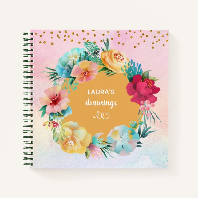 Belle aquarelle Cadre Floral Carnet Fille (Devant)