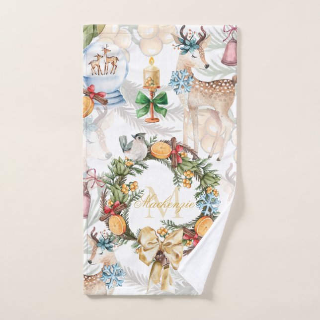 Belle aquarelle de cerf Noël Nom de famille (Serviette à main)