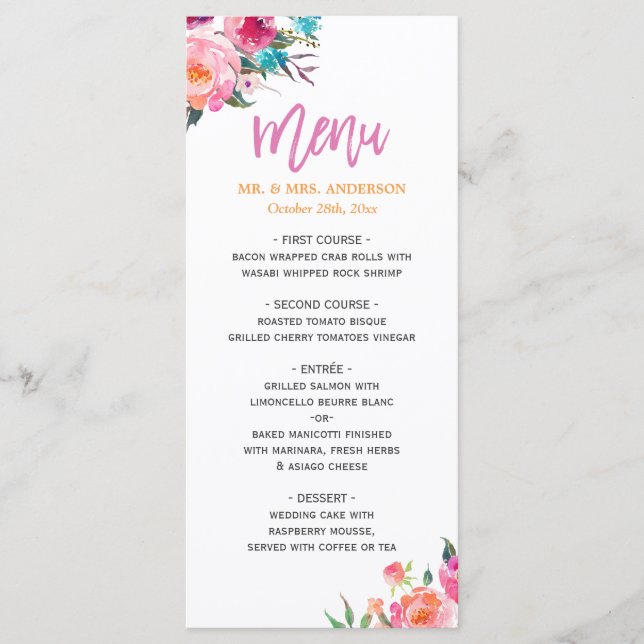 Belle aquarelle Floral Moderne Mariage Menu (Devant)