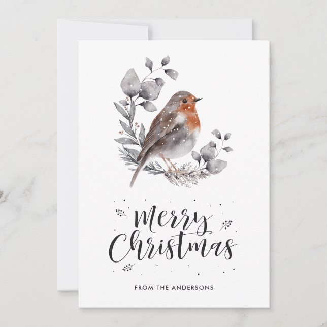 Belle aquarelle Robin Oiseau Neige Cartes de Noël (Devant)