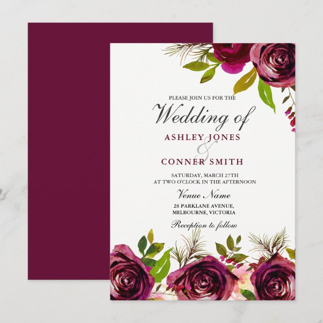 Belle Bourgogne Deep Red Floral Wedding Invitation (Devant / Derrière)