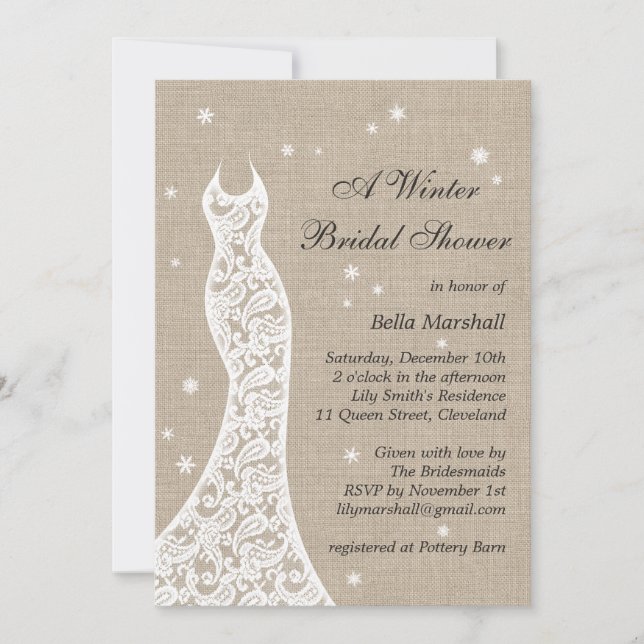 Belle Burlap hiver nuptiale de douche Invitation (Devant)
