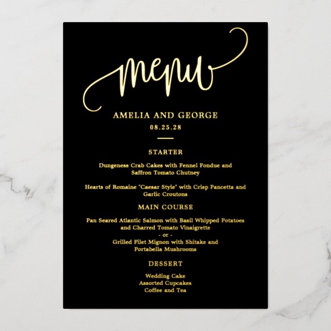 Belle Calligraphie REAL FOIL Elégante Carte Menu (Recto)