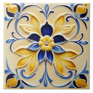 Belle carreau en céramique florale jaune et bleue.