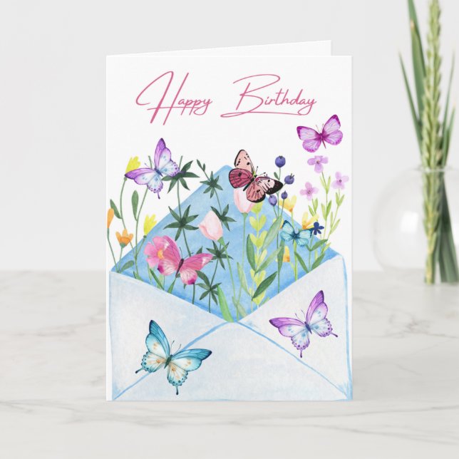 Belle carte d'anniversaire avec fleurs et papillon (Devant)