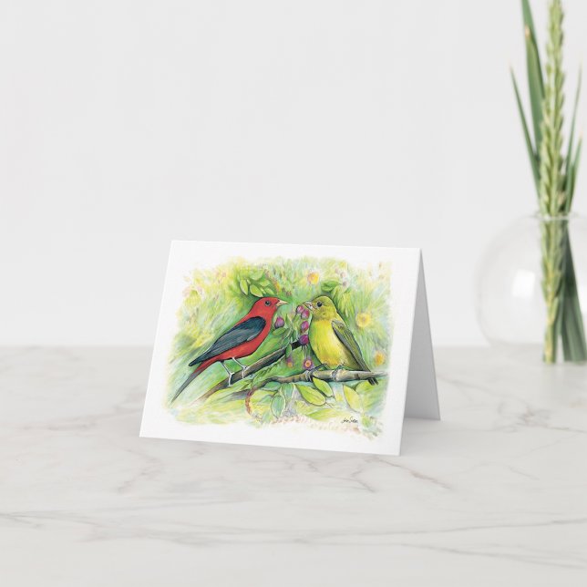 Belle carte de billet Couple Tanager Scarlet (Beautiful Scarlet Tanager Couple Watercolor Blank Note Cards from Jenn Steffen Art)