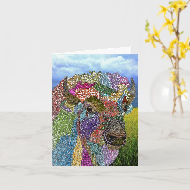 Belle carte de voeux Buffalo American Bison (Fleur jaune)