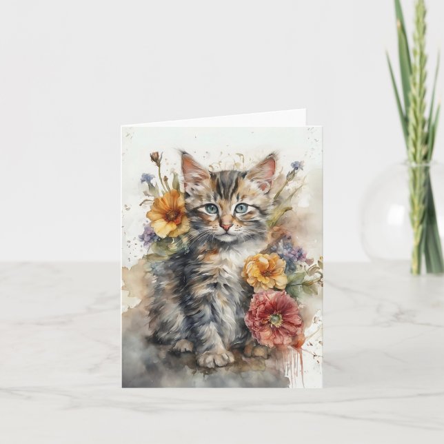 Belle carte de voeux vierge avec chat tigré gris  (Devant)