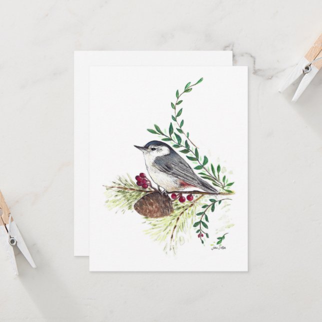 Belle carte Nuthatch Watercolor Note (Devant/Arrière en situation)