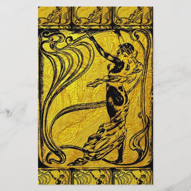 Belle Epoque, Art Nouveau, Vintag, Gold, Schwarz,  Briefpapier (Vorderseite)