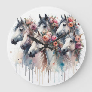 Belle et colorée Aquarelle Horloge des Chevaux
