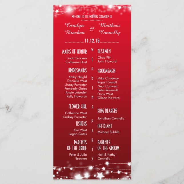 Belle Étoiles brillantes Programme de mariage roug (Devant)