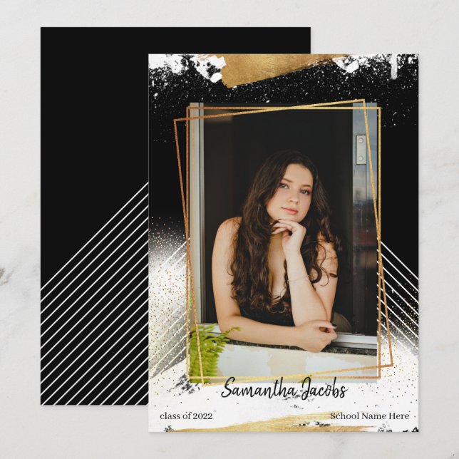 Belle Faire-part de Graduation encadrée Noir & Or (Devant / Derrière)