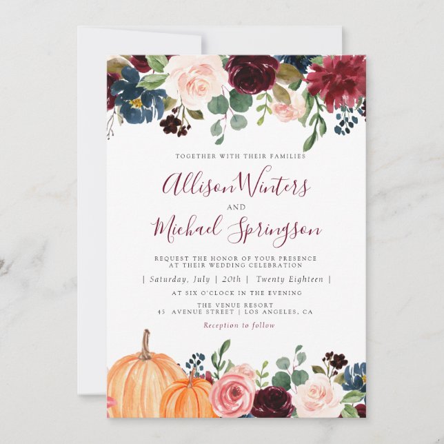 Belle faire-part de mariage à fleurs automnales (Devant)