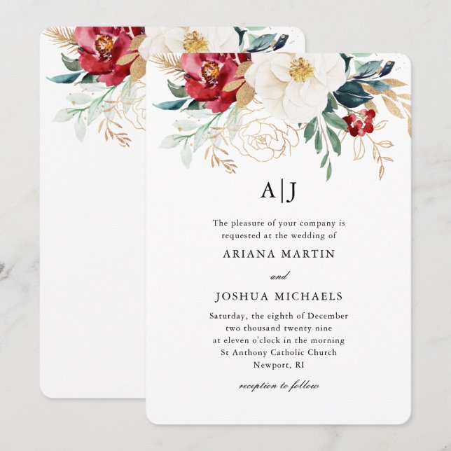 Belle Faire-part de mariage de Noël Floral (Devant / Derrière)