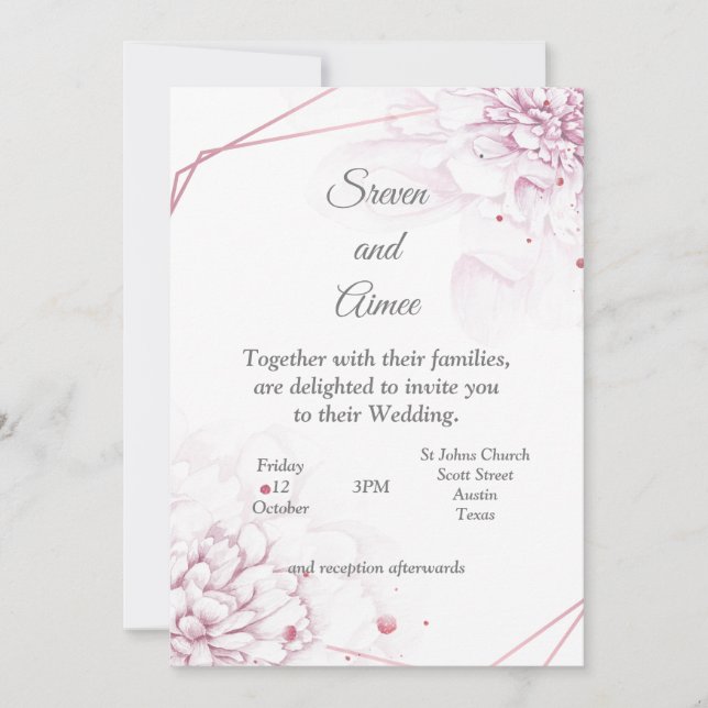 Belle faire-part de mariage, fleurs roses (Devant)