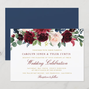 Belle faire-part de mariage florale marine bordeau