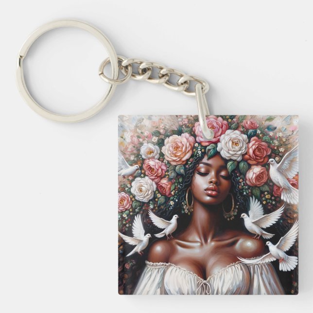 Belle Femme Noire avec des colombes Floral (Devant)