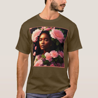 Belle Femme Noire avec Fleurs Roses TShirt