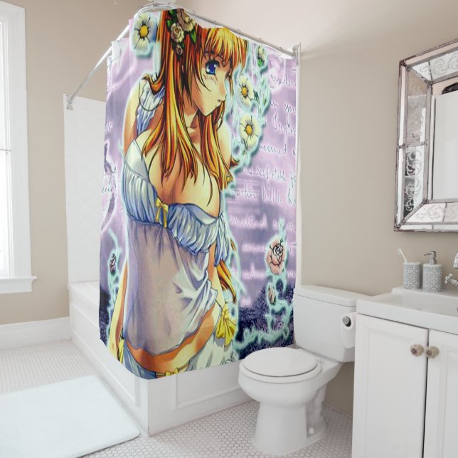 Belle fille d'Anime avec le rideau en douche de (En situation)