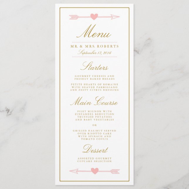 Belle Flèches Menu Mariage Dîner / Blush & Gold (Devant)