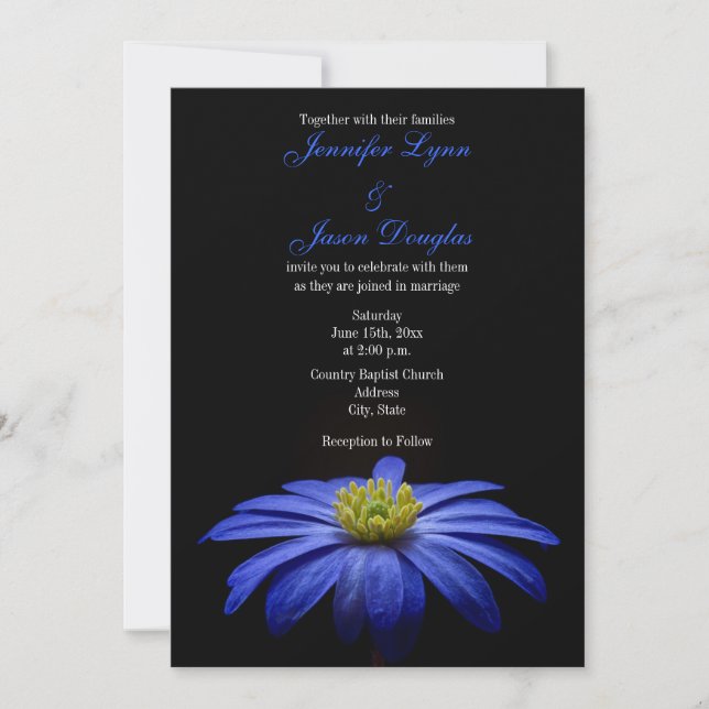 Belle fleur bleue sur les invitations à un mariage (Devant)