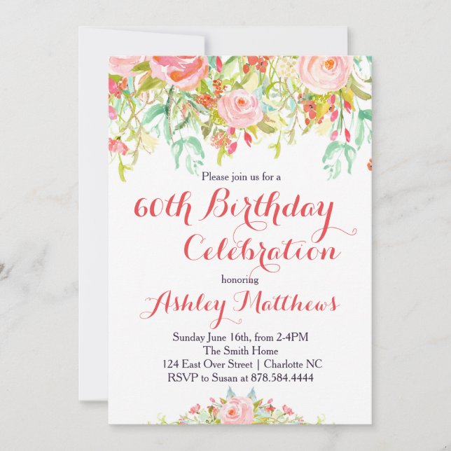 Belle Floral Adulte Anniversaire Invitation (Devant)