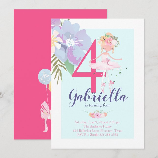 Belle florale Ballerina Invitation Anniversaire (Devant / Derrière)