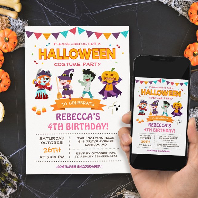 Belle Halloween Enfants Costume Fête Invitation (Perfect choice for a kids' Halloween costume party, school event, or neighborhood gathering.)