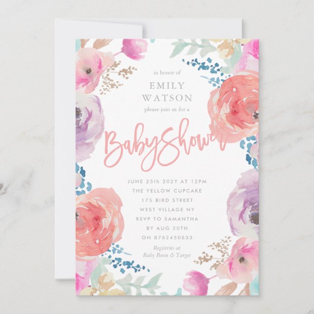 Belle Invitation Baby shower Aquarelle florale (Devant)