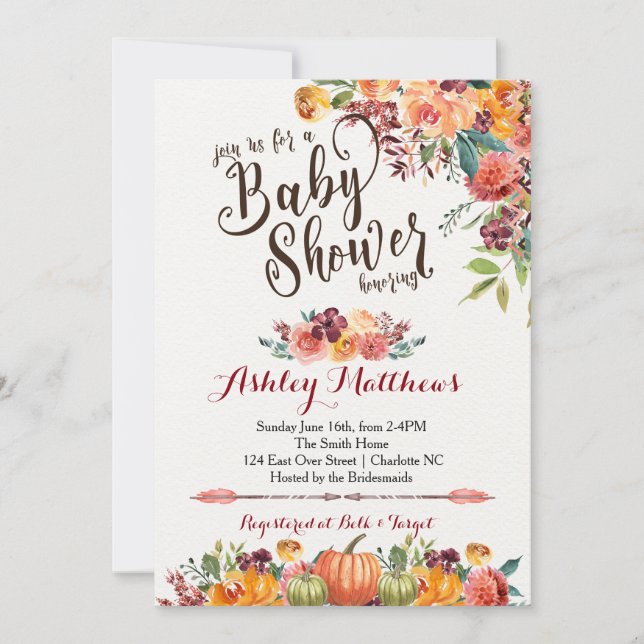 Belle invitation de baby shower d'automne, (Devant)