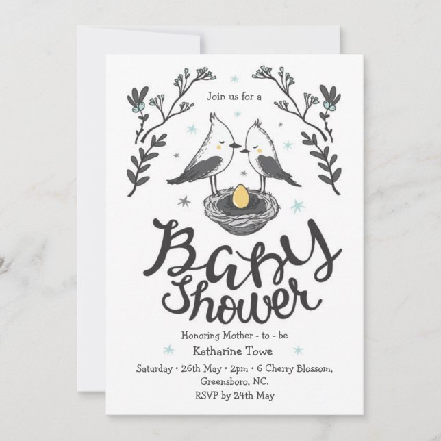 Belle invitation de baby shower oiseau avec texte  (Devant)