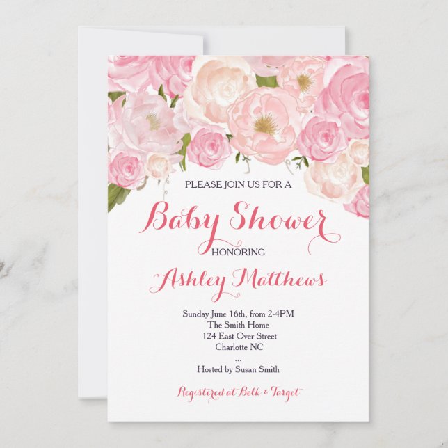 Belle Invitation de Baby shower rose, Baby (Devant)