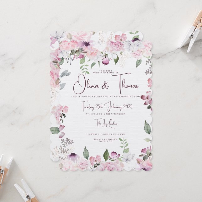 Belle invitation de mariage floral (Devant/Arrière en situation)