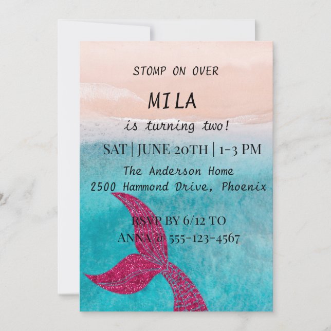 Belle invitation de sirène pour l'anniversaire (Devant)
