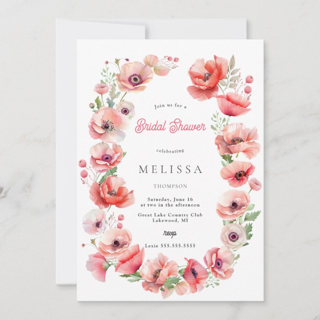 Belle invitation Pavot Rouge rose nuptiale Douche  (Devant)