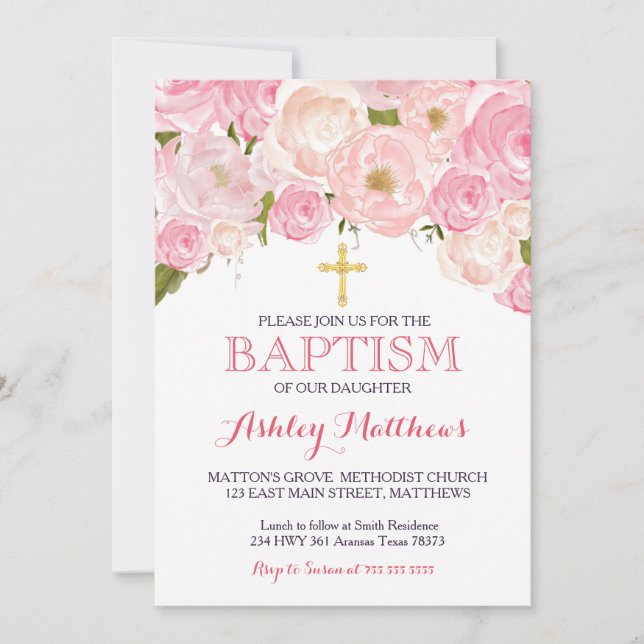 Belle Invitation Pink Floral BAPTISM (Devant)