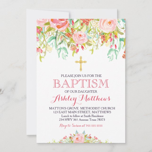 Belle Invitation Pink Floral BAPTISM (Devant)