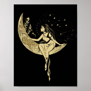 Belle lune étoiles femme art déco illustration