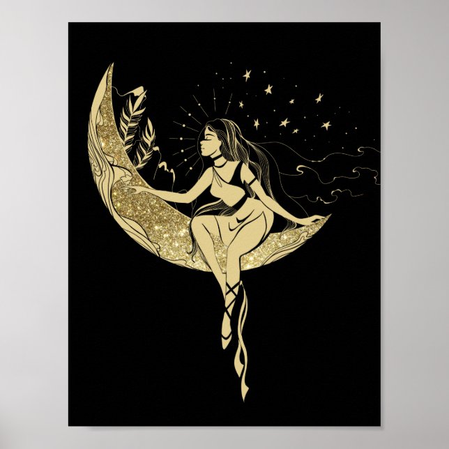 Belle lune étoiles femme art déco illustration (Devant)