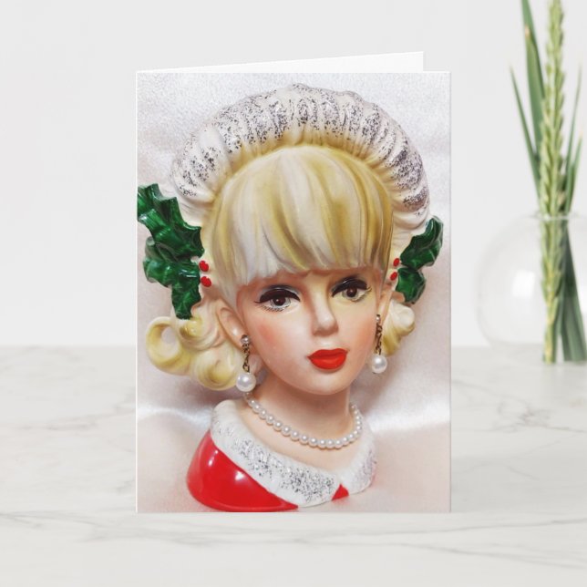Belle Noël Fille Tête Vase Holly et Carte fourrure (Devant)