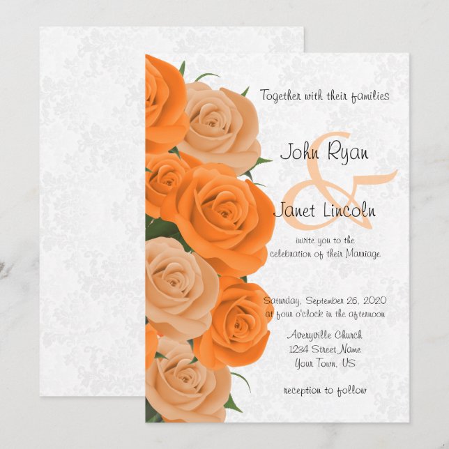 Belle Orange Rose Fleur mariage Invitations 2 (Devant / Derrière)