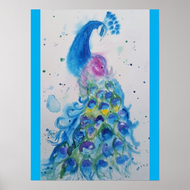 Belle Peacock Aquarelle Peinture Art Poster (Devant)