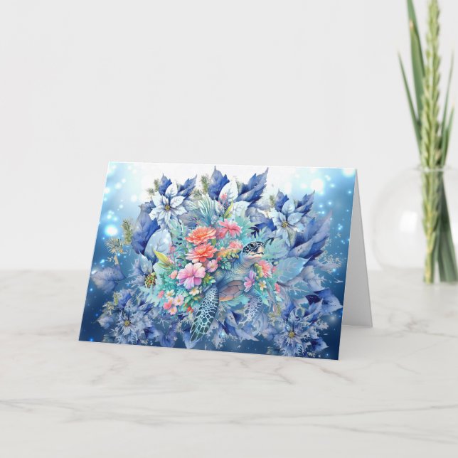 Belle Poinsettias Bleues & Carte de note de tortue (Devant)