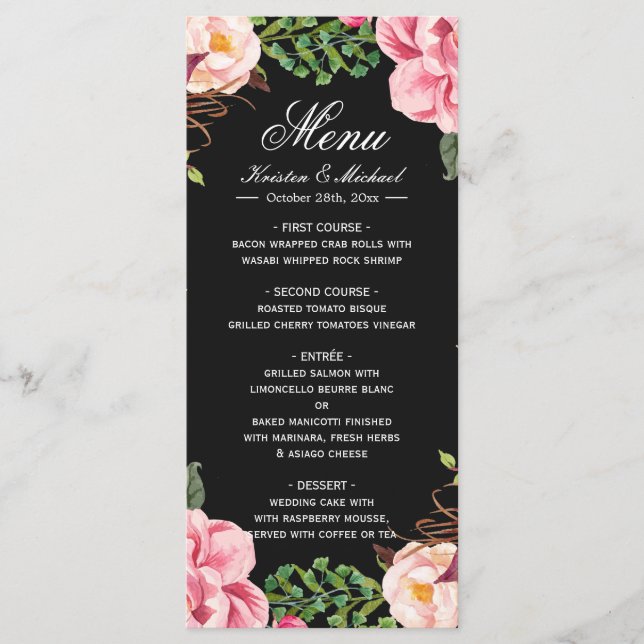 Belle Romantique Rose Floral Mariage Menu (Devant)