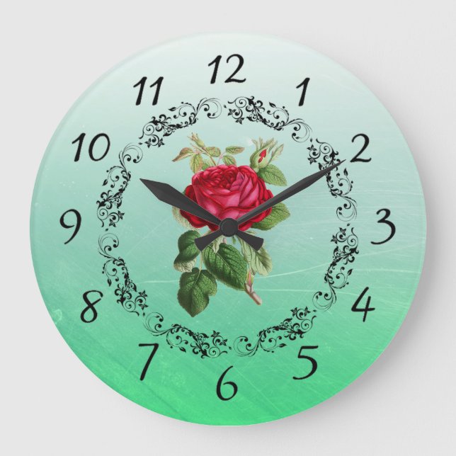 Belle Rose bordeaux Sage Green Round Horloge (Recto)