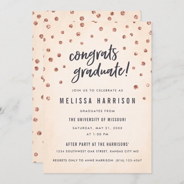 Belle Rose Gold Polka Dot Graduation Invitations (Devant / Derrière)