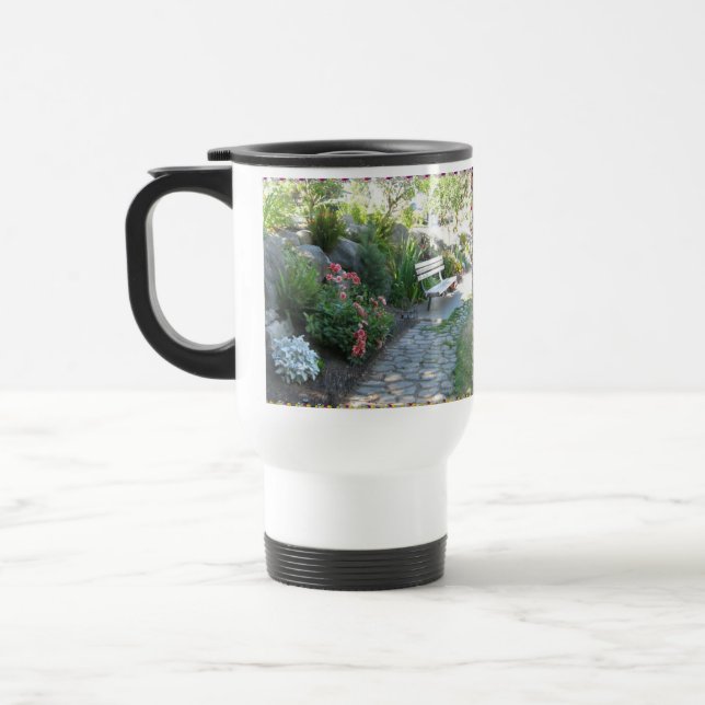 Belle tasse florale de voyage de banc de parc (Gauche)
