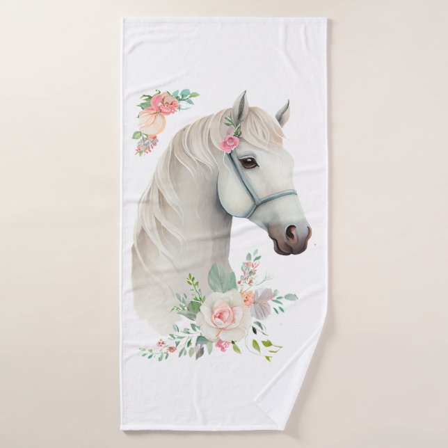 Belle tête de cheval blanc Boho Floral (Serviette de bain)