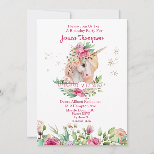 Belle Unicorn Stars Anniversaire Invitation (Devant)